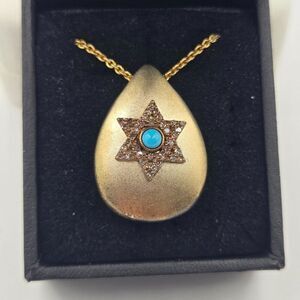 Gold Plated Teardrop Pendant Necklace Star Of David Turquoise Champagne Diamond